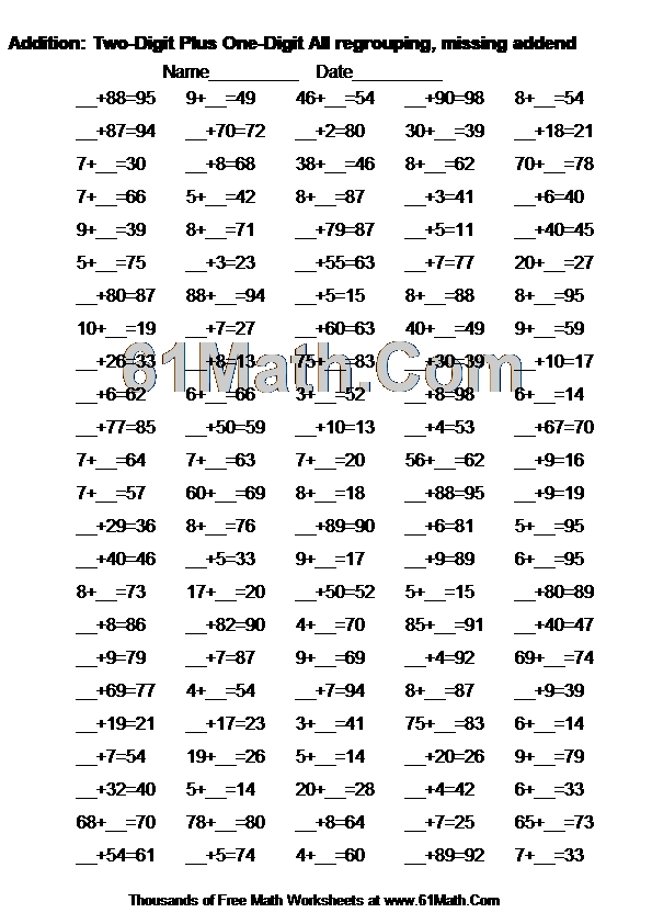 Addition: Two-Digit Plus One-Digit All regrouping, missing addend