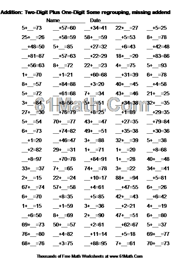 Addition: Two-Digit Plus One-Digit Some regrouping, missing addend