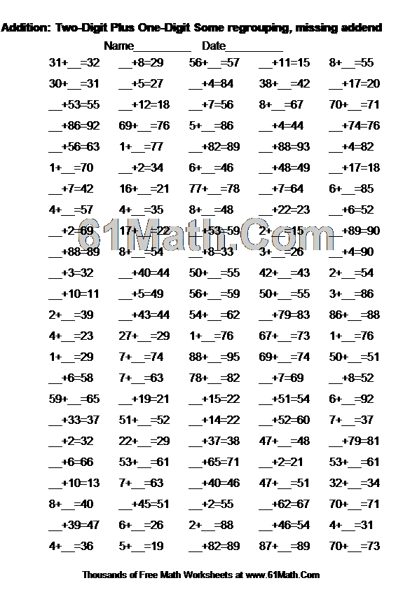 Addition: Two-Digit Plus One-Digit Some regrouping, missing addend