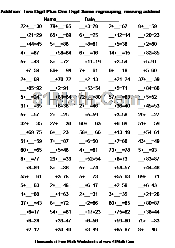 Addition: Two-Digit Plus One-Digit Some regrouping, missing addend