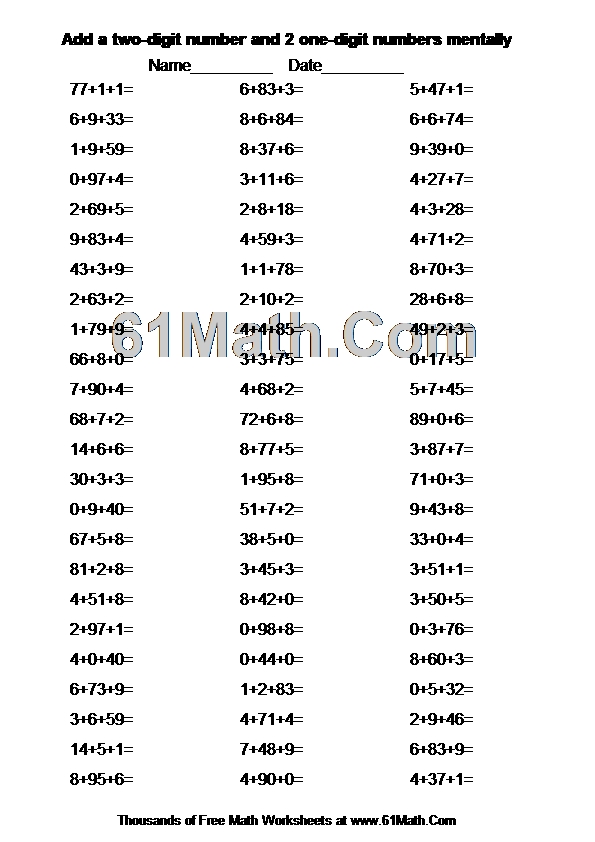 Add a two-digit number and 2 one-digit numbers mentally