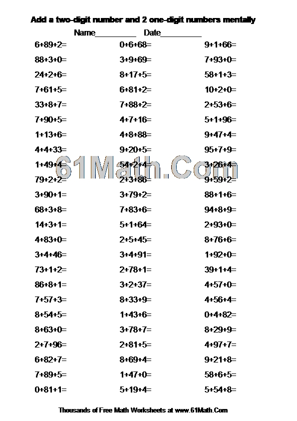 Add a two-digit number and 2 one-digit numbers mentally