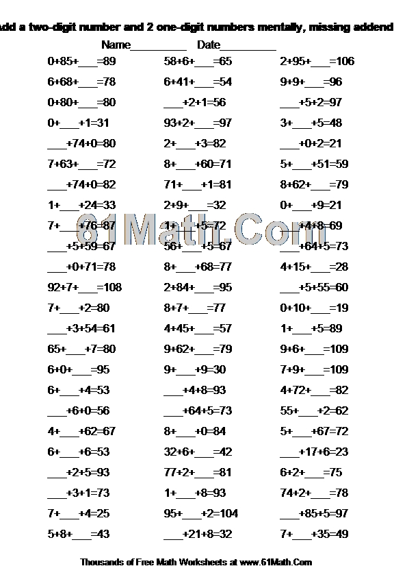 Add a two-digit number and 2 one-digit numbers mentally, missing addend