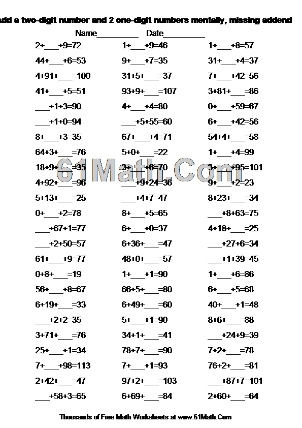 Add a two-digit number and 2 one-digit numbers mentally, missing addend