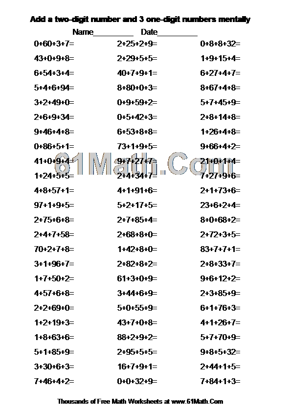 Add a two-digit number and 3 one-digit numbers mentally