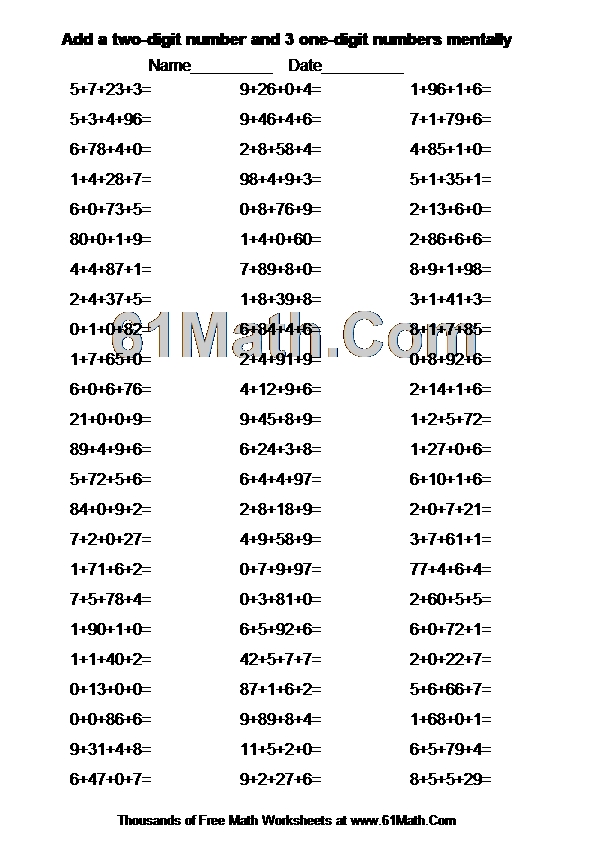 Add a two-digit number and 3 one-digit numbers mentally