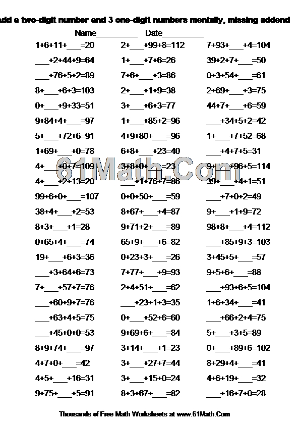 Add a two-digit number and 3 one-digit numbers mentally, missing addend