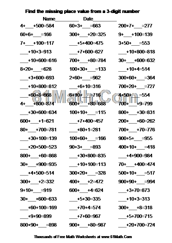 Find the missing place value from a 3-digit number
