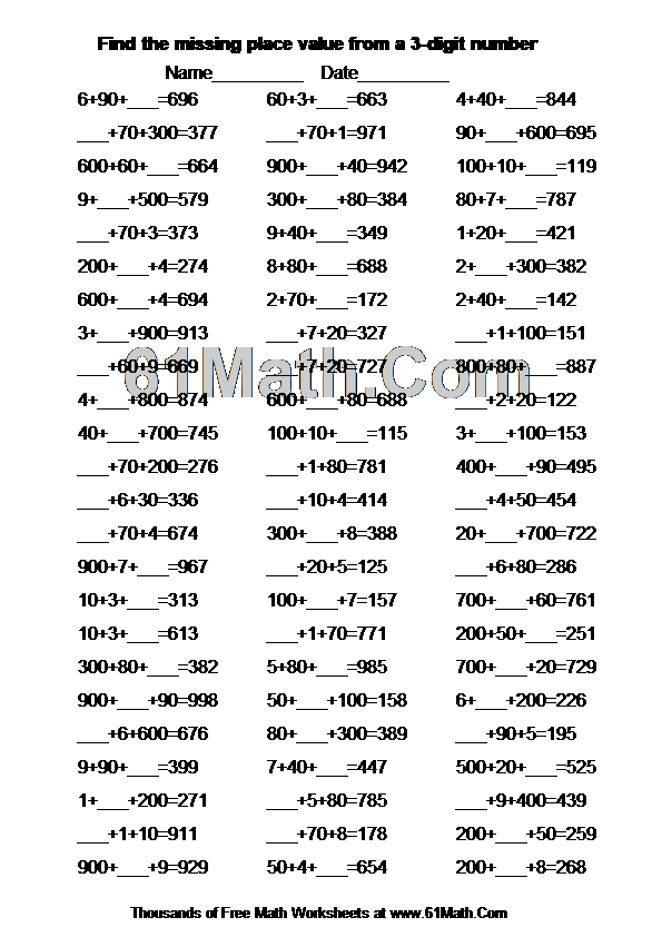 Find the missing place value from a 3-digit number