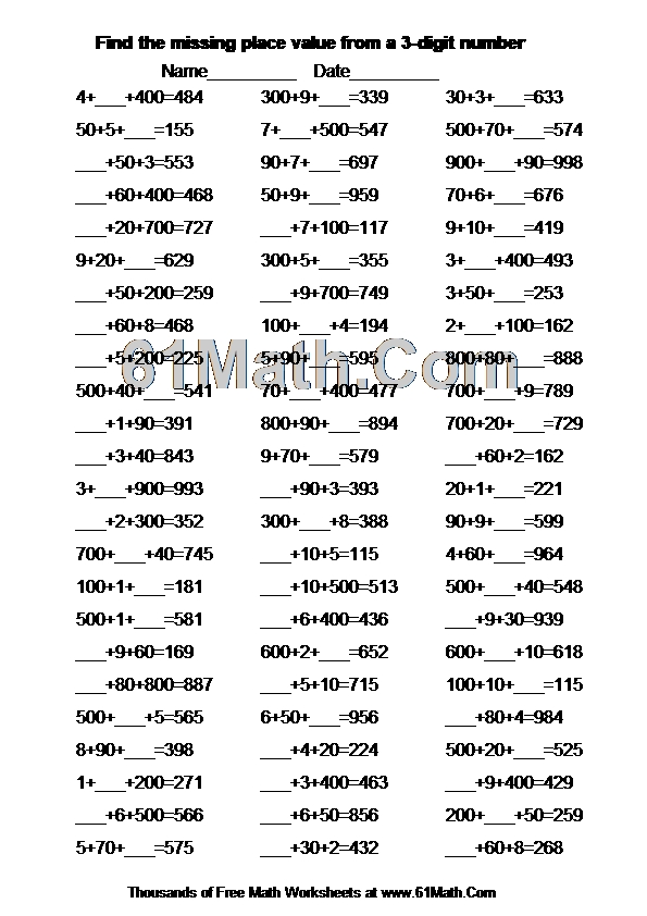 Find the missing place value from a 3-digit number