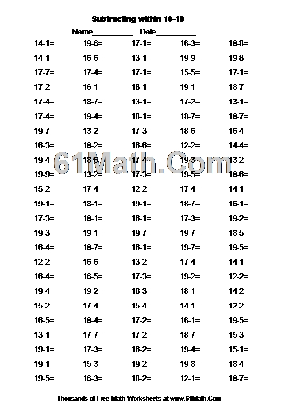 Subtracting within 10-19