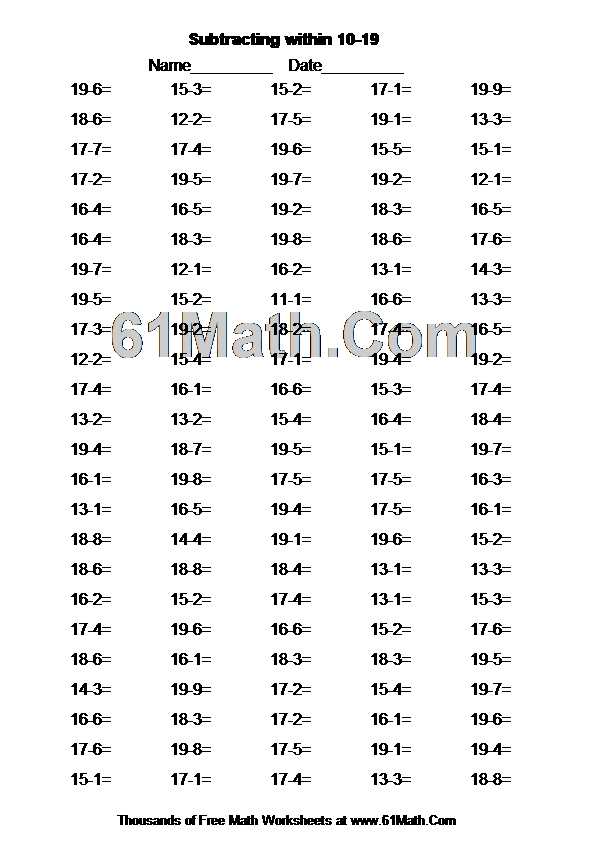 Subtracting within 10-19