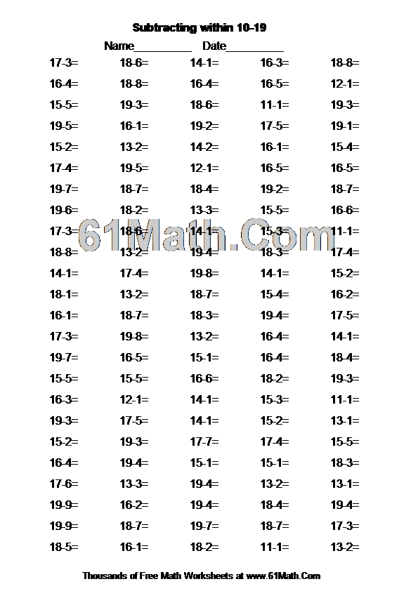 Subtracting within 10-19