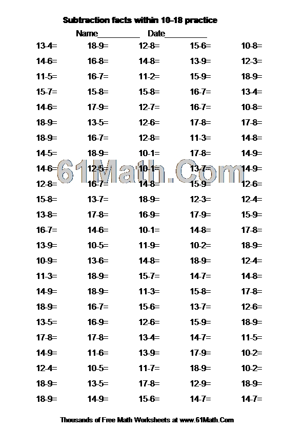 Subtraction facts within 10-18 practice