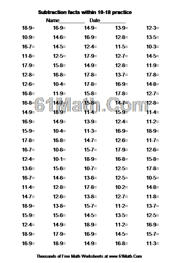 Subtraction facts within 10-18 practice