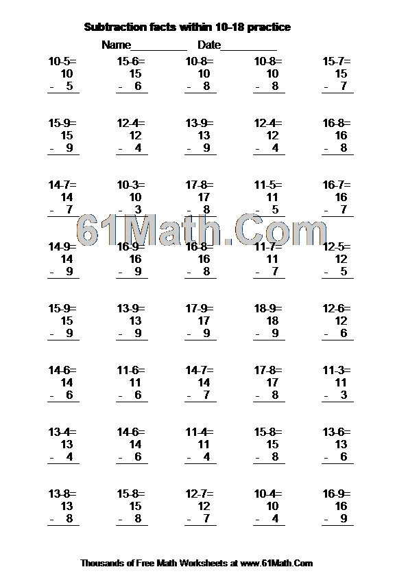 Subtraction facts within 10-18 practice