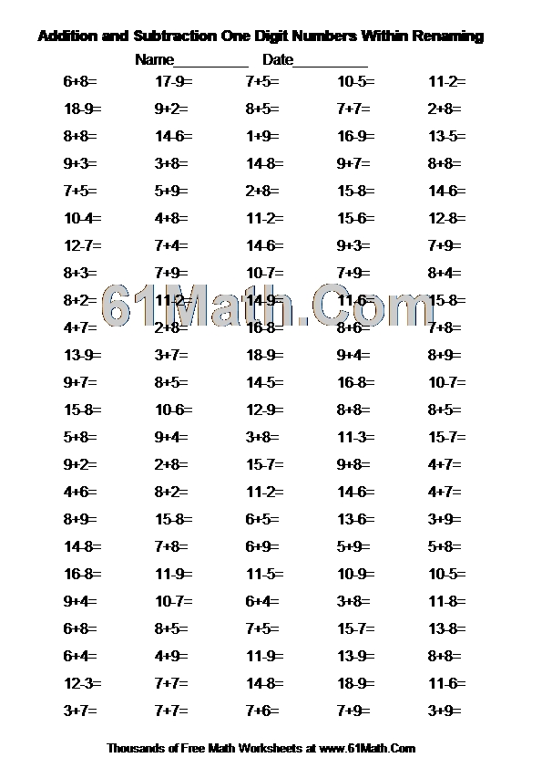 Addition and Subtraction One Digit Numbers Within Renaming