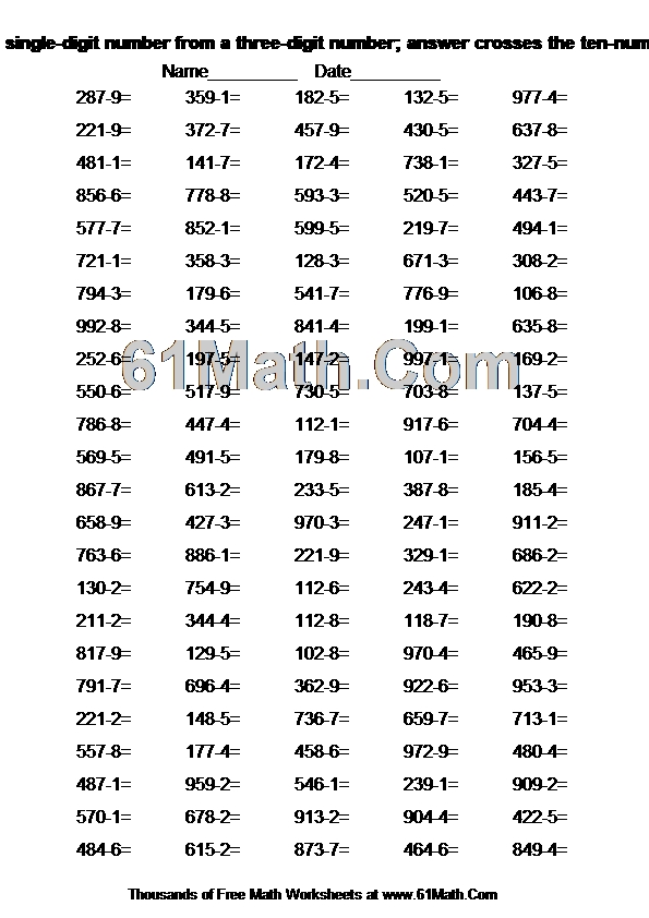 Subtract a single-digit number from a three-digit number; answer crosses the ten-number