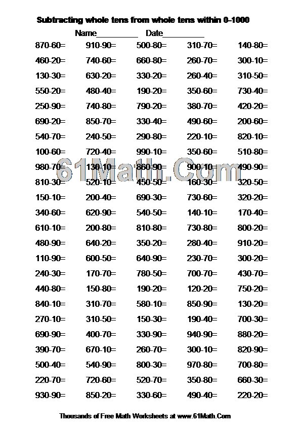 Subtracting whole tens from whole tens within 0-1000