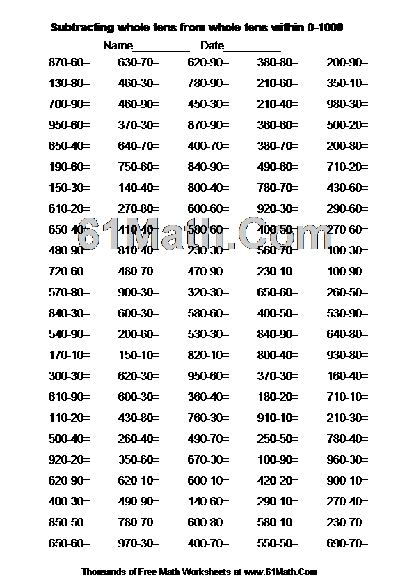 Subtracting whole tens from whole tens within 0-1000