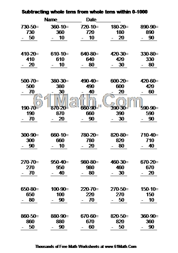 Subtracting whole tens from whole tens within 0-1000