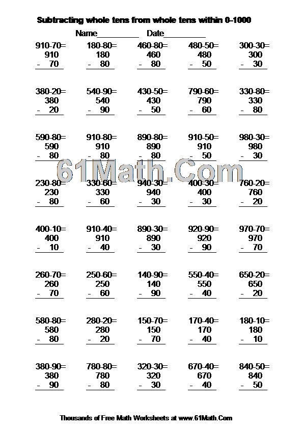 Subtracting whole tens from whole tens within 0-1000