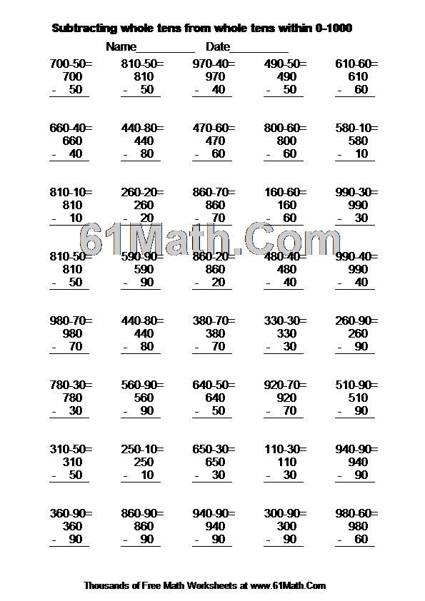 Subtracting whole tens from whole tens within 0-1000
