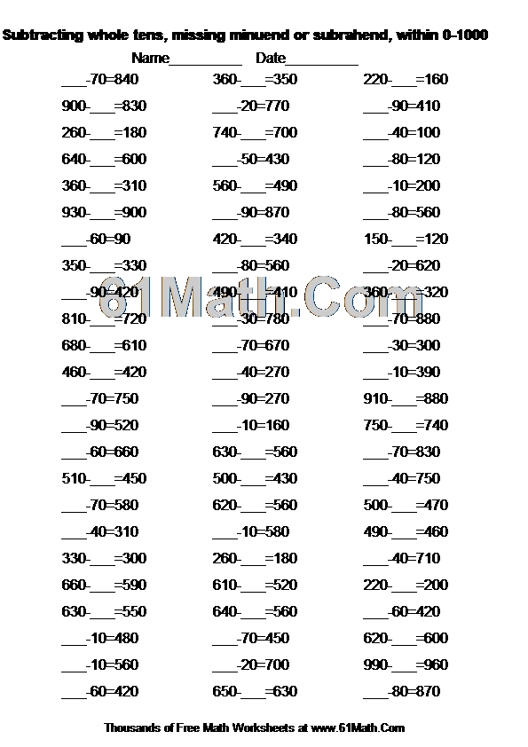 Subtracting whole tens, missing minuend or subrahend, within 0-1000