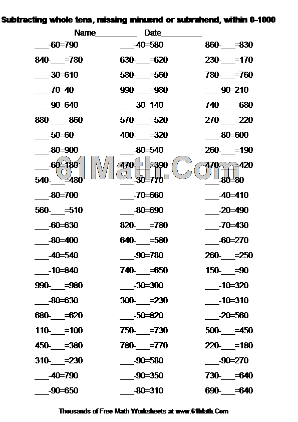 Subtracting whole tens, missing minuend or subrahend, within 0-1000