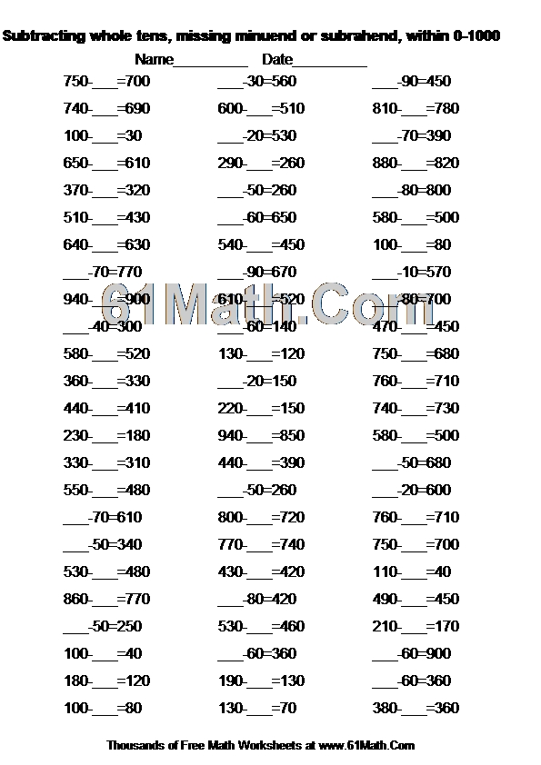 Subtracting whole tens, missing minuend or subrahend, within 0-1000