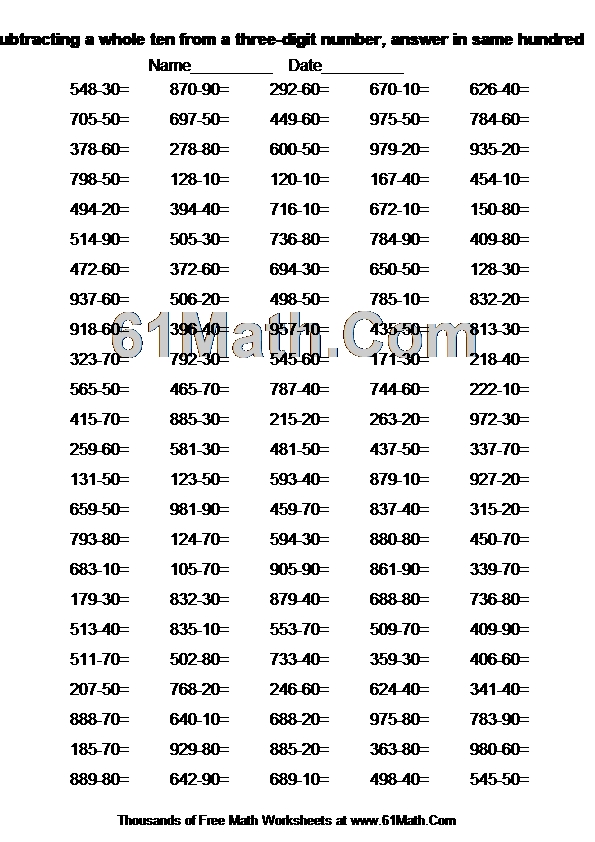 Subtracting a whole ten from a three-digit number, answer in same hundred