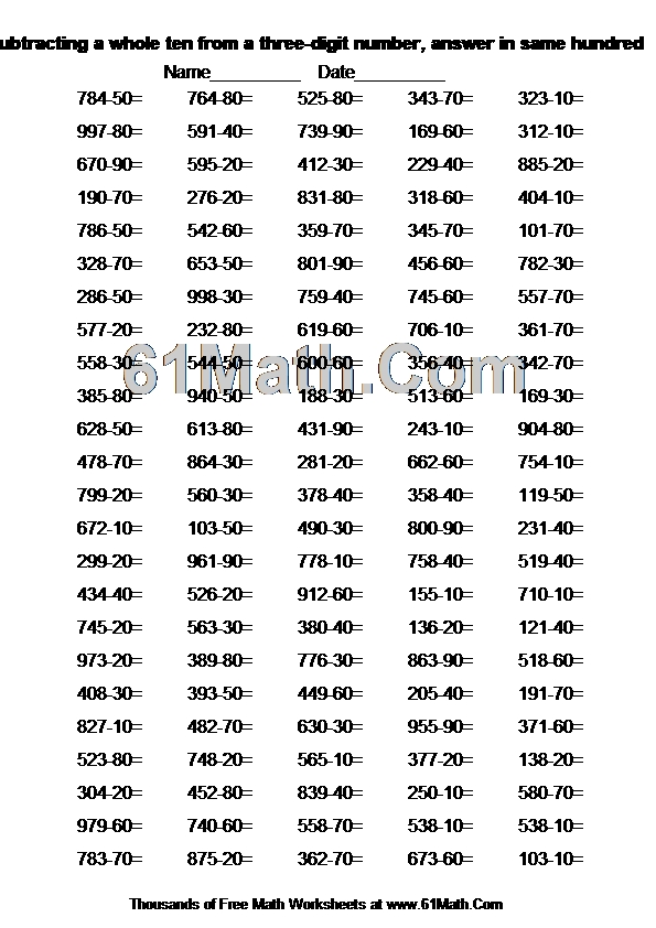 Subtracting a whole ten from a three-digit number, answer in same hundred