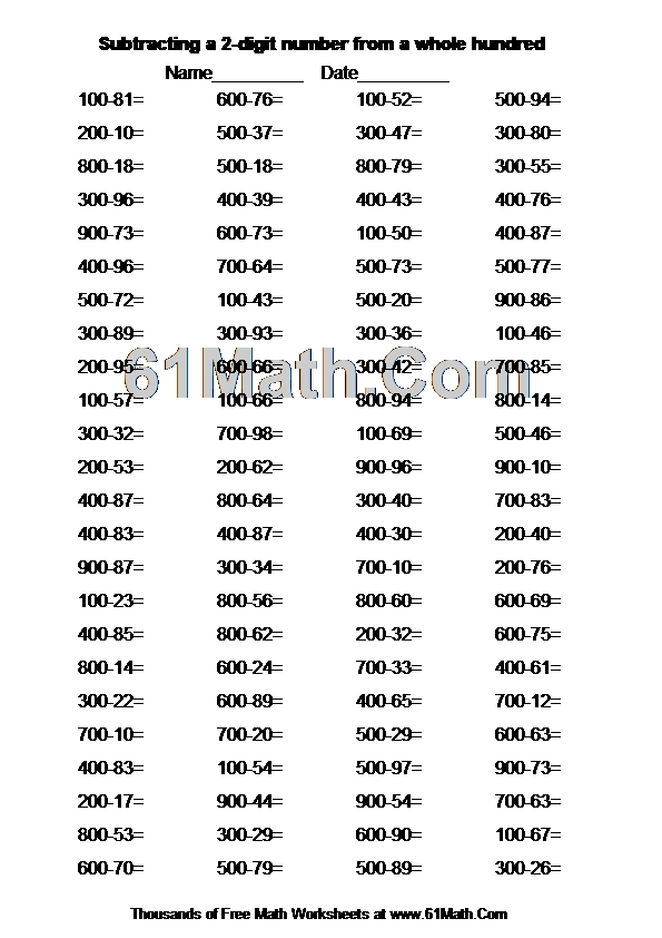 Subtracting a 2-digit number from a whole hundred