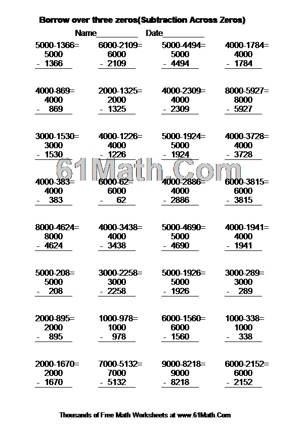 Borrow over three zeros(Subtraction Across Zeros)