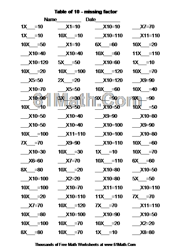 Table of 10 - missing factor
