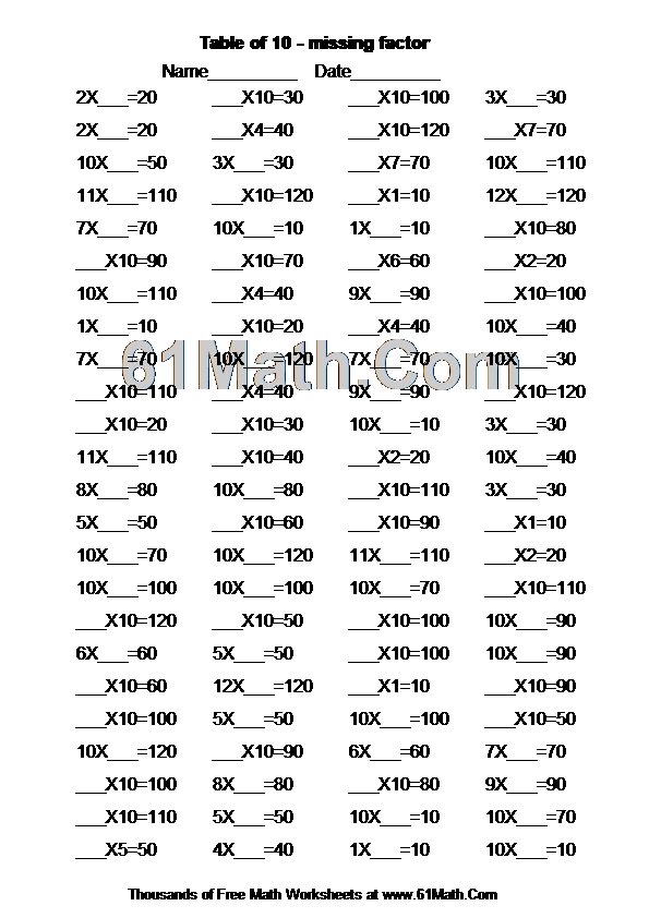 Table of 10 - missing factor