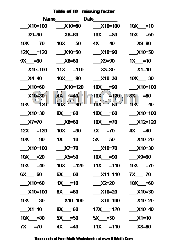 Table of 10 - missing factor