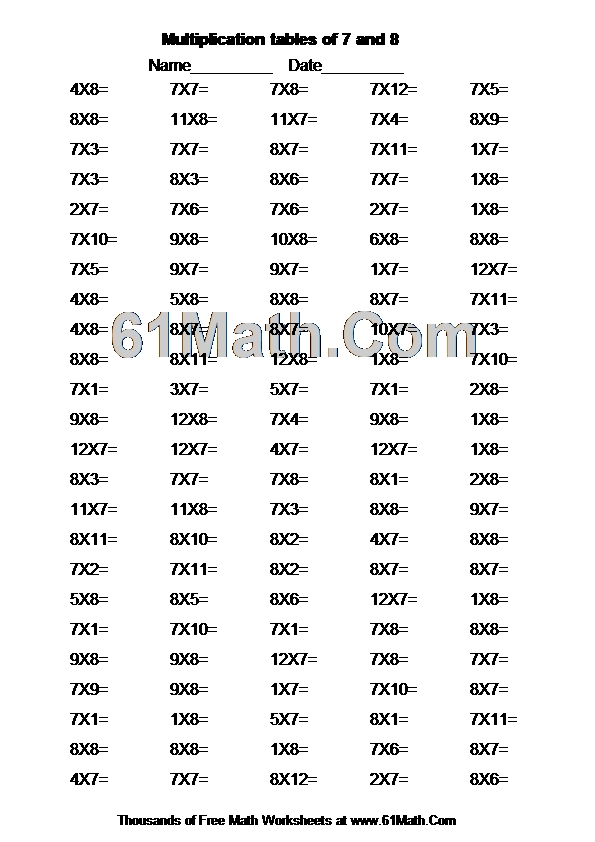 Multiplication tables of 7 and 8