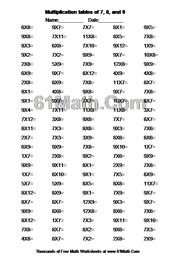 Multiplication tables of 7, 8, and 9