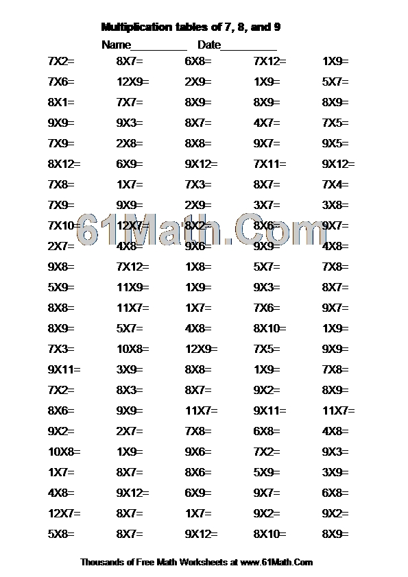 Multiplication tables of 7, 8, and 9