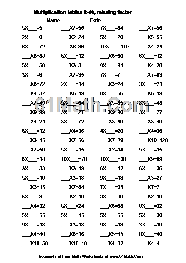 Multiplication tables 2-10, missing factor
