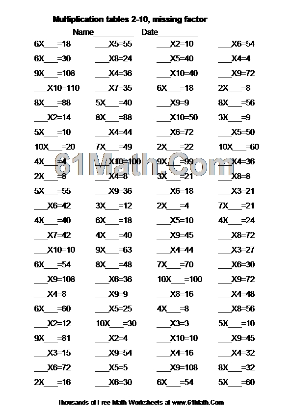 Multiplication tables 2-10, missing factor