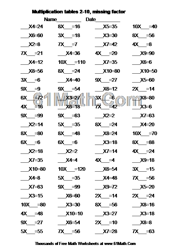 Multiplication tables 2-10, missing factor