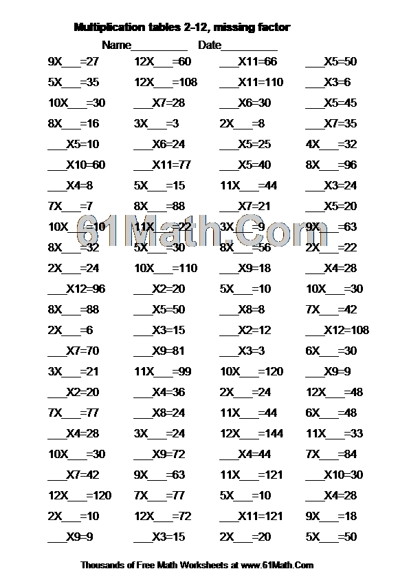 Multiplication tables 2-12, missing factor