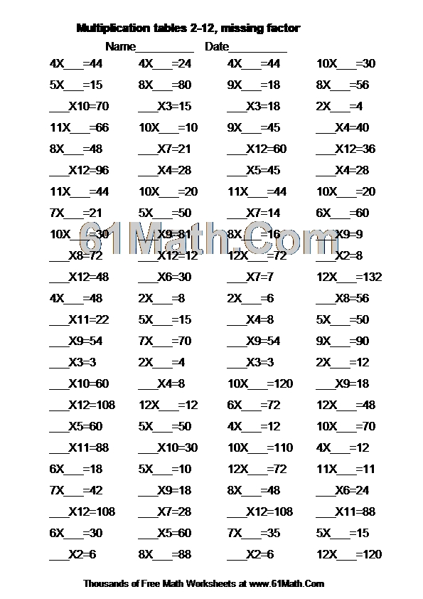 Multiplication tables 2-12, missing factor