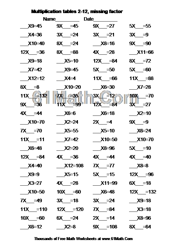 Multiplication tables 2-12, missing factor