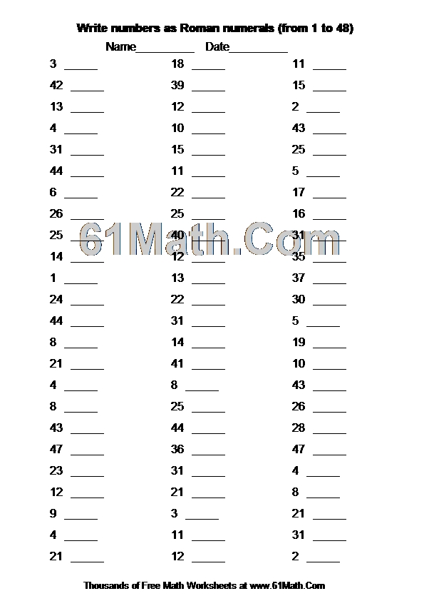 Write numbers as Roman numerals (from 1 to 48)