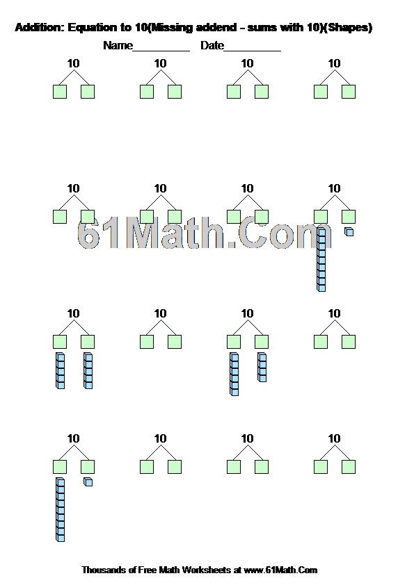 Addition: Equation to 10(Missing addend - sums with 10)(Shapes)