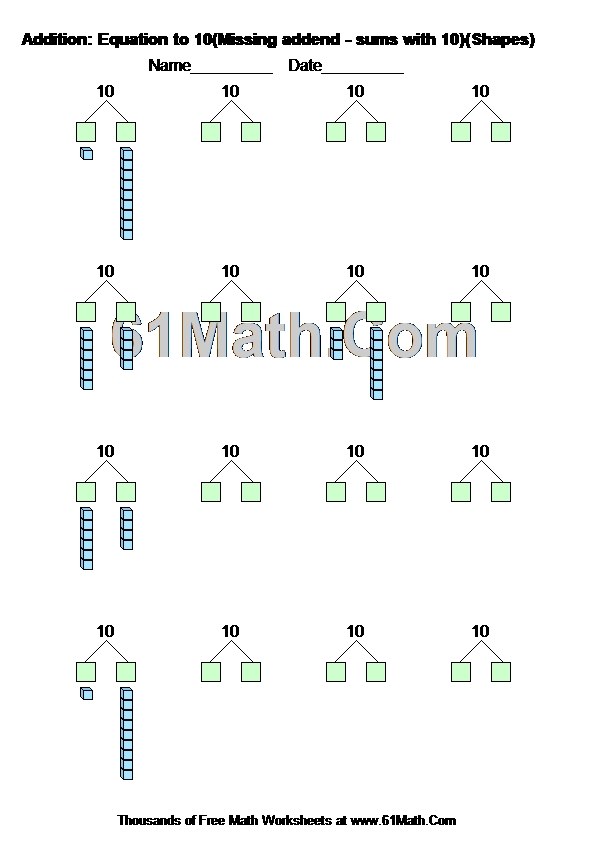 Addition: Equation to 10(Missing addend - sums with 10)(Shapes)