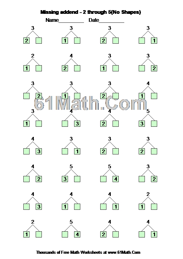 Missing addend - 2 through 5(No Shapes)
